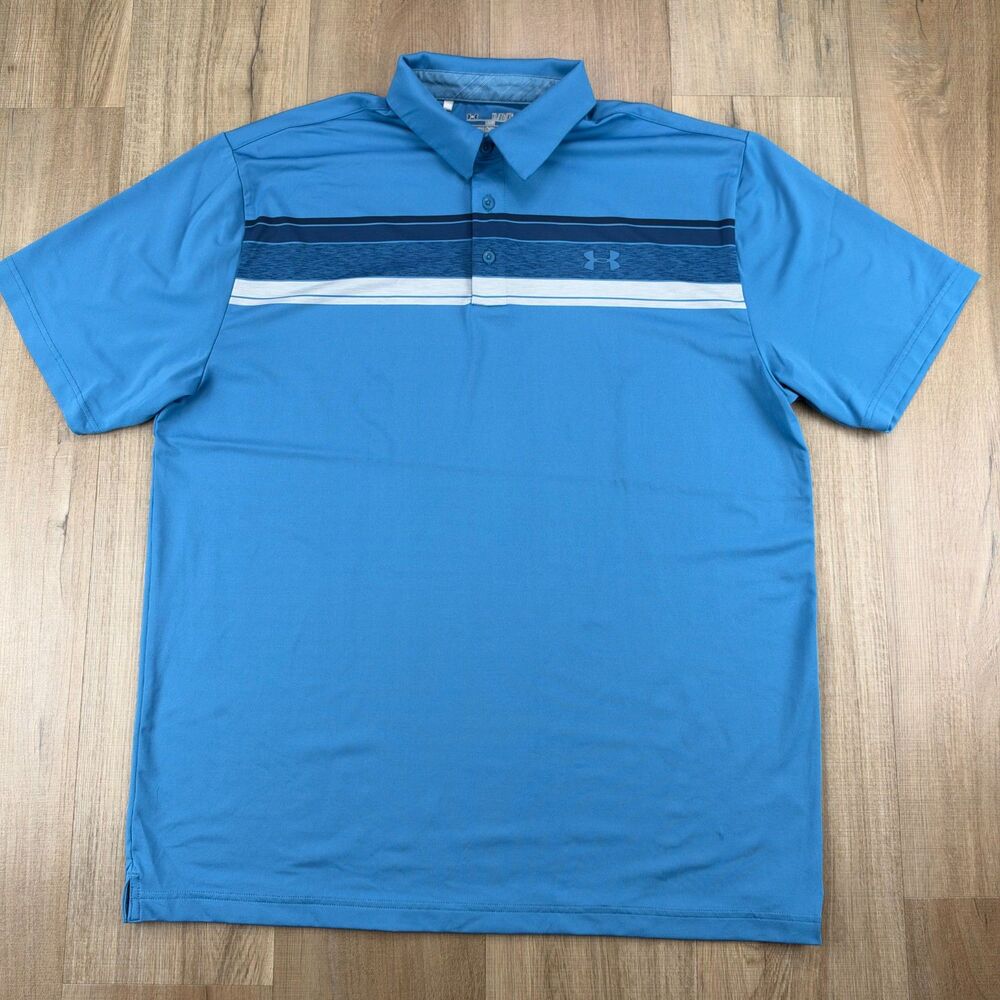 Under Armour Men's XL Heat Gear Loose Fit Polo Blue with Stripes Design Golf Shi